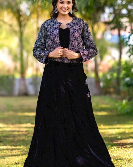 Black Velvet Embellished Jacket Lehenga Set