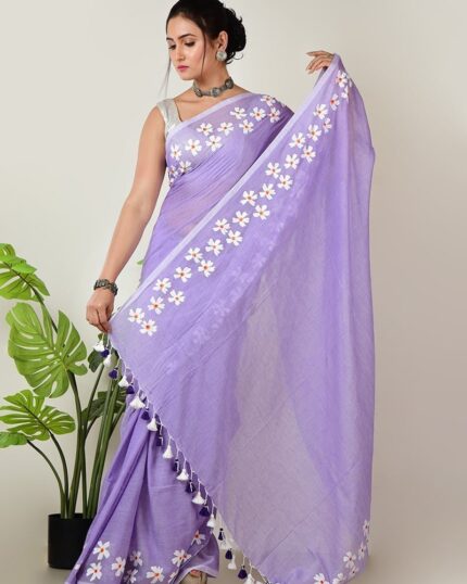 Lavender Cotton Hand Painted Saree After Six Wear