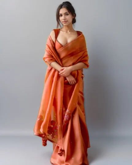 Orange Organza Silk Zari Sequins Hand Embroidered Saree Festive Wear
