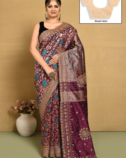 Wine Kancheepuram Silk Hand Embroidered Saree Wedding Wear