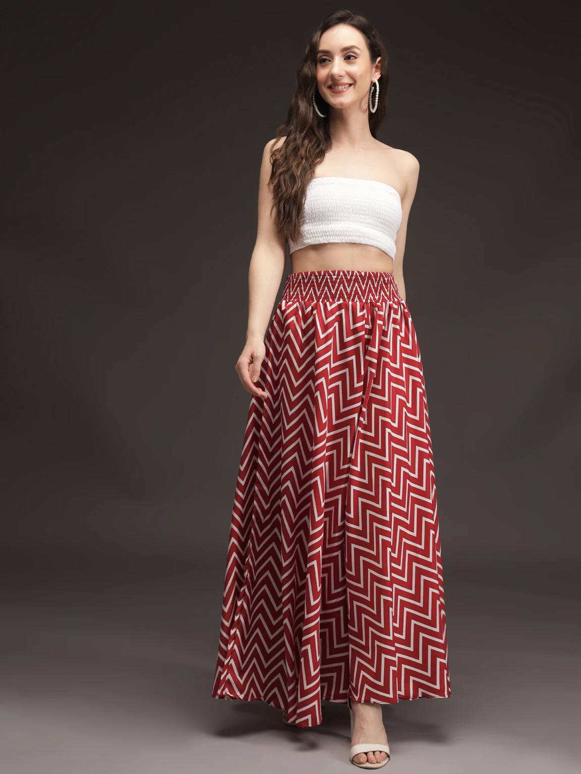 Women Flared Maroon, White Viscose Rayon Palazzos