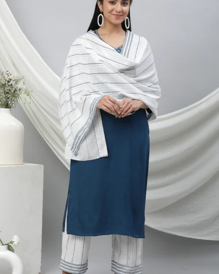 White Cotton Mulmul Stole with Blue Stripes