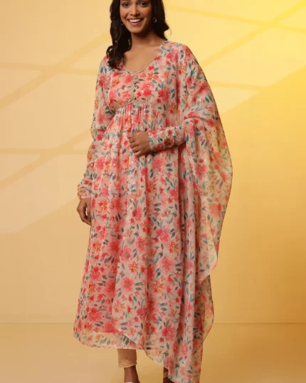 Multi-coloured Floral Printed Organza Dupatta