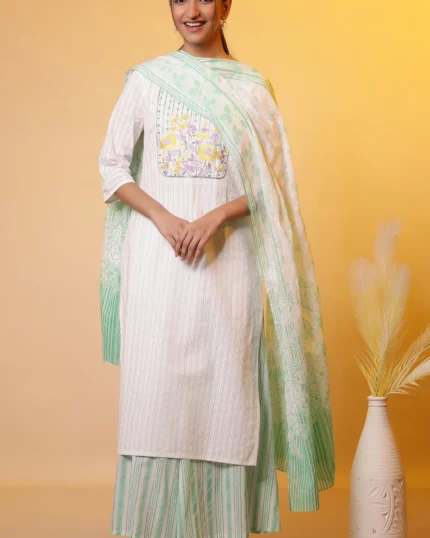 White Cotton Dupatta with Green Stripes and Floral Print