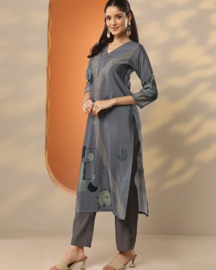 Grey Printed Silk Blend Straight Kurta