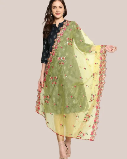 Organza Dupatta with Multicolor Floral Embroidery
