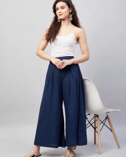 Navy Blue Smart Casual Handloom Palazzo