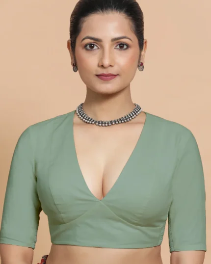 Malika x Rozaana | Deep Neck Saree Blouse in Peppermint Green Linen