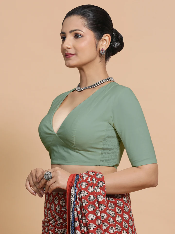 Malika x Rozaana | Deep Neck Saree Blouse in Peppermint Green Linen - Image 6