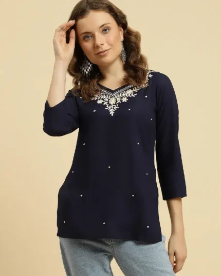 Blue Kashmiri Silk Work Short Kurti