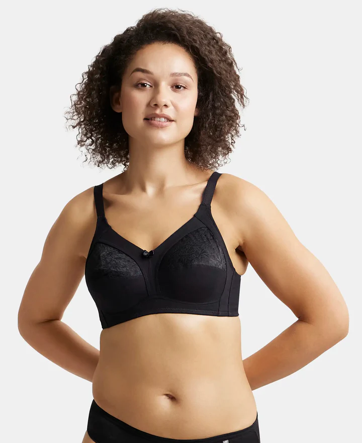 Black Wire free Non Padded Super Combed Full Coverage Plus Size Bra with Lace Styling