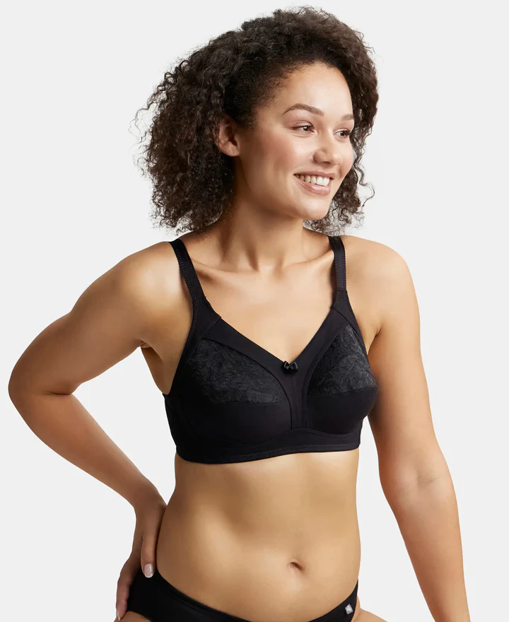 Black Wire free Non Padded Super Combed Full Coverage Plus Size Bra with Lace Styling - Image 5