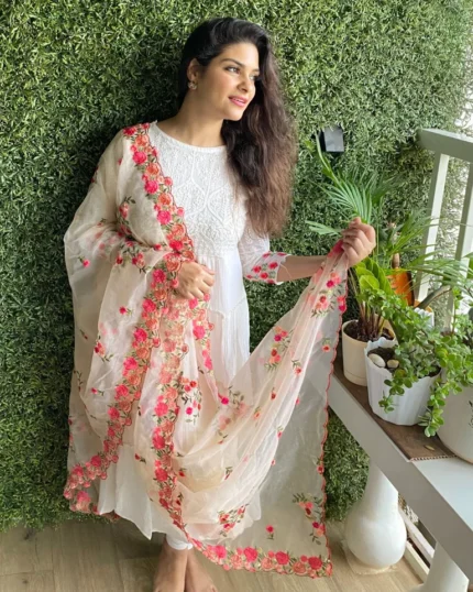Organza Dupatta with Multicolor Floral Embroidery