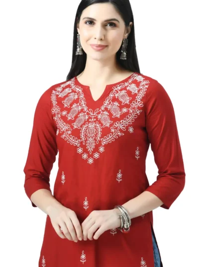 Red Chikankari Short Kurti