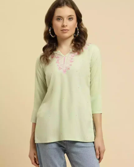 Pista Green Pashmina Work Short Kurti