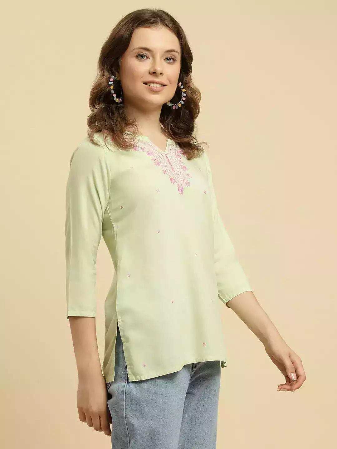 Pista Green Pashmina Work Short Kurti - Image 2