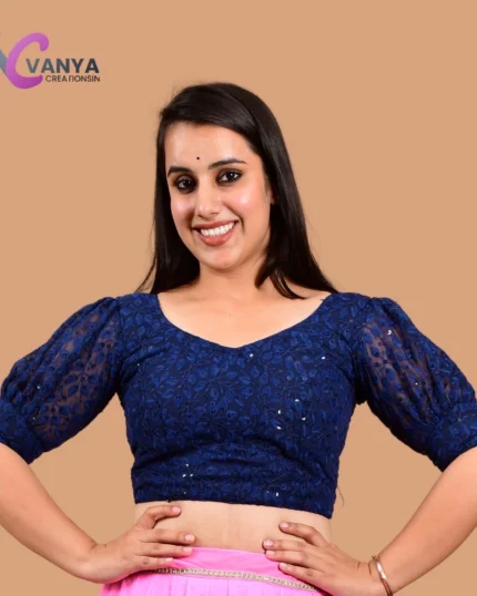 Chikankari embroidery Round-Neck Sleeves Cotton Saree Blouse - Non-Padded | Available in Multiple Colors & Sizes | Saari Blouses |Summer