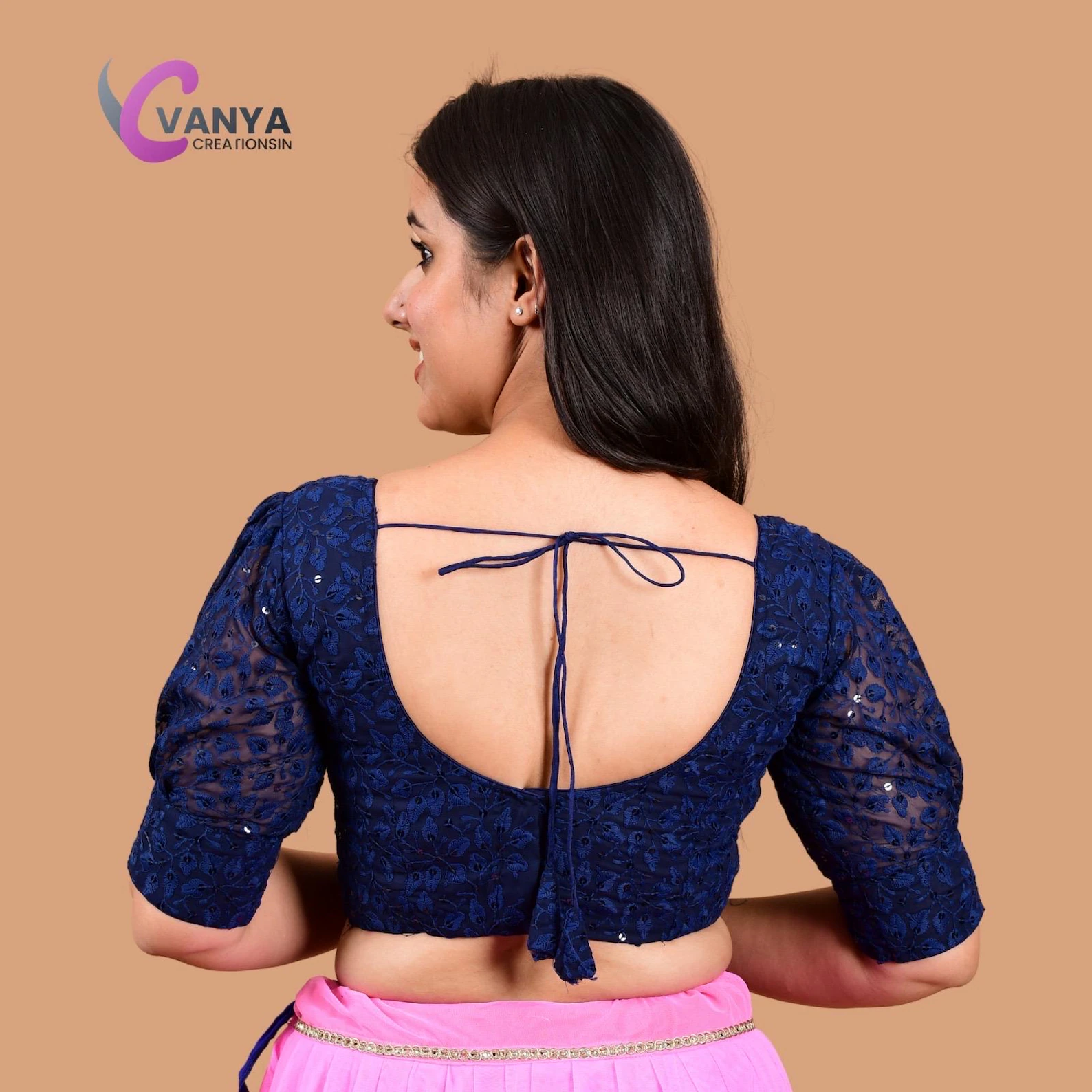 Chikankari embroidery Round-Neck Sleeves Cotton Saree Blouse - Non-Padded | Available in Multiple Colors & Sizes | Saari Blouses |Summer - Image 3
