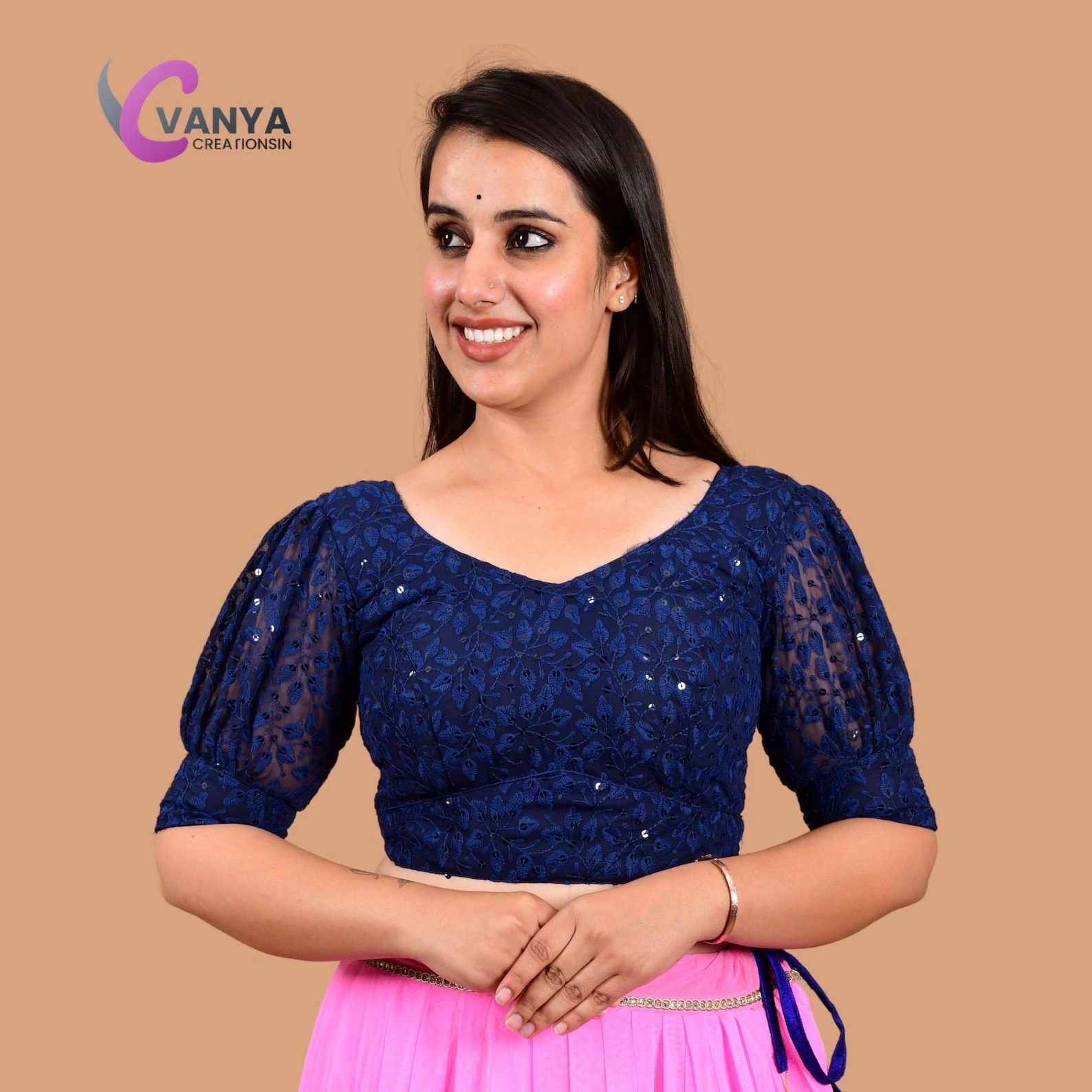 Chikankari embroidery Round-Neck Sleeves Cotton Saree Blouse - Non-Padded | Available in Multiple Colors & Sizes | Saari Blouses |Summer - Image 5