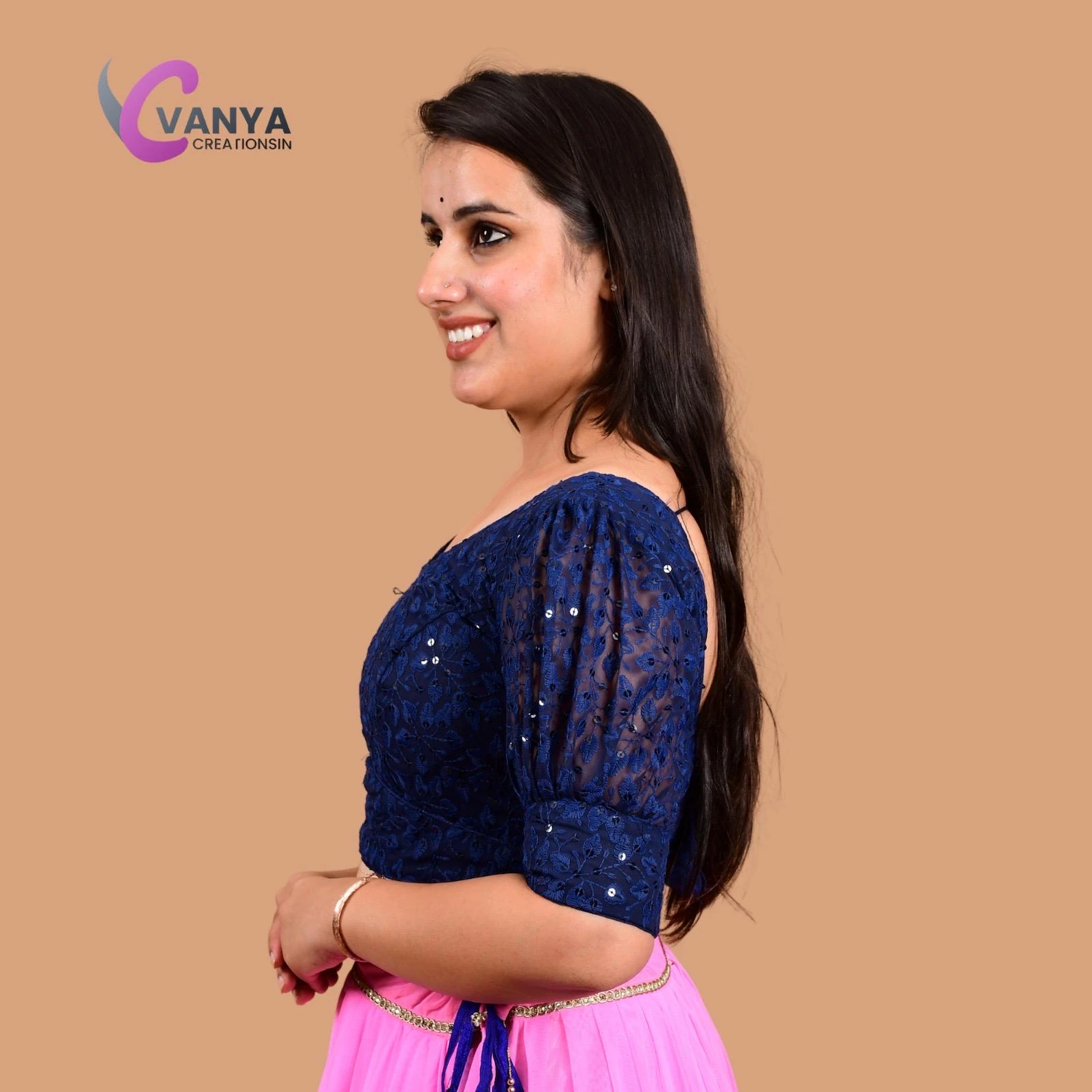 Chikankari embroidery Round-Neck Sleeves Cotton Saree Blouse - Non-Padded | Available in Multiple Colors & Sizes | Saari Blouses |Summer - Image 7