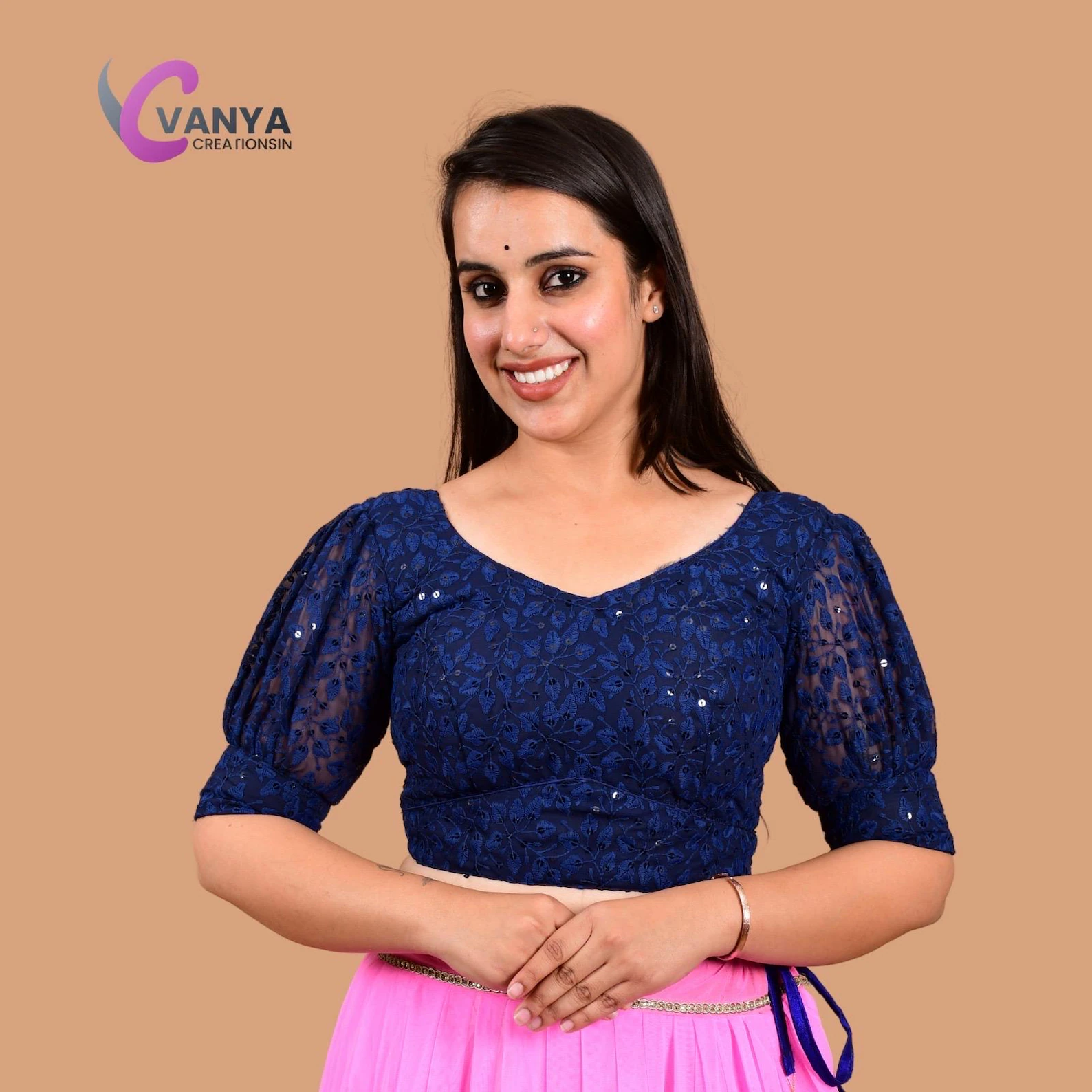 Chikankari embroidery Round-Neck Sleeves Cotton Saree Blouse - Non-Padded | Available in Multiple Colors & Sizes | Saari Blouses |Summer - Image 8