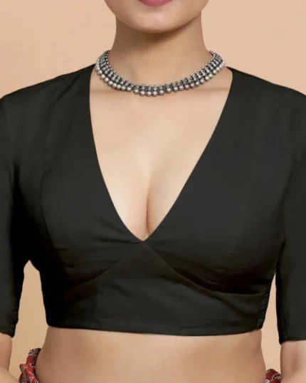Made To Order Indian Designer Black colour Saree Lehenga Blouse Deep -V Neck Half sleeves blouse for women !! blouse , women blouse
