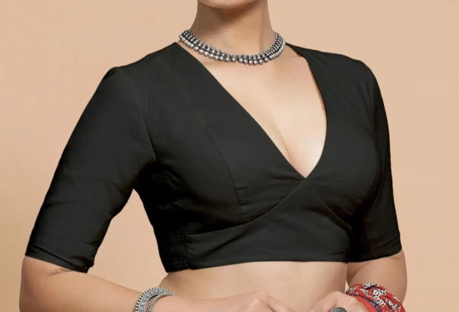 Made To Order Indian Designer Black colour Saree Lehenga Blouse Deep -V Neck Half sleeves blouse for women !! blouse , women blouse - Image 4