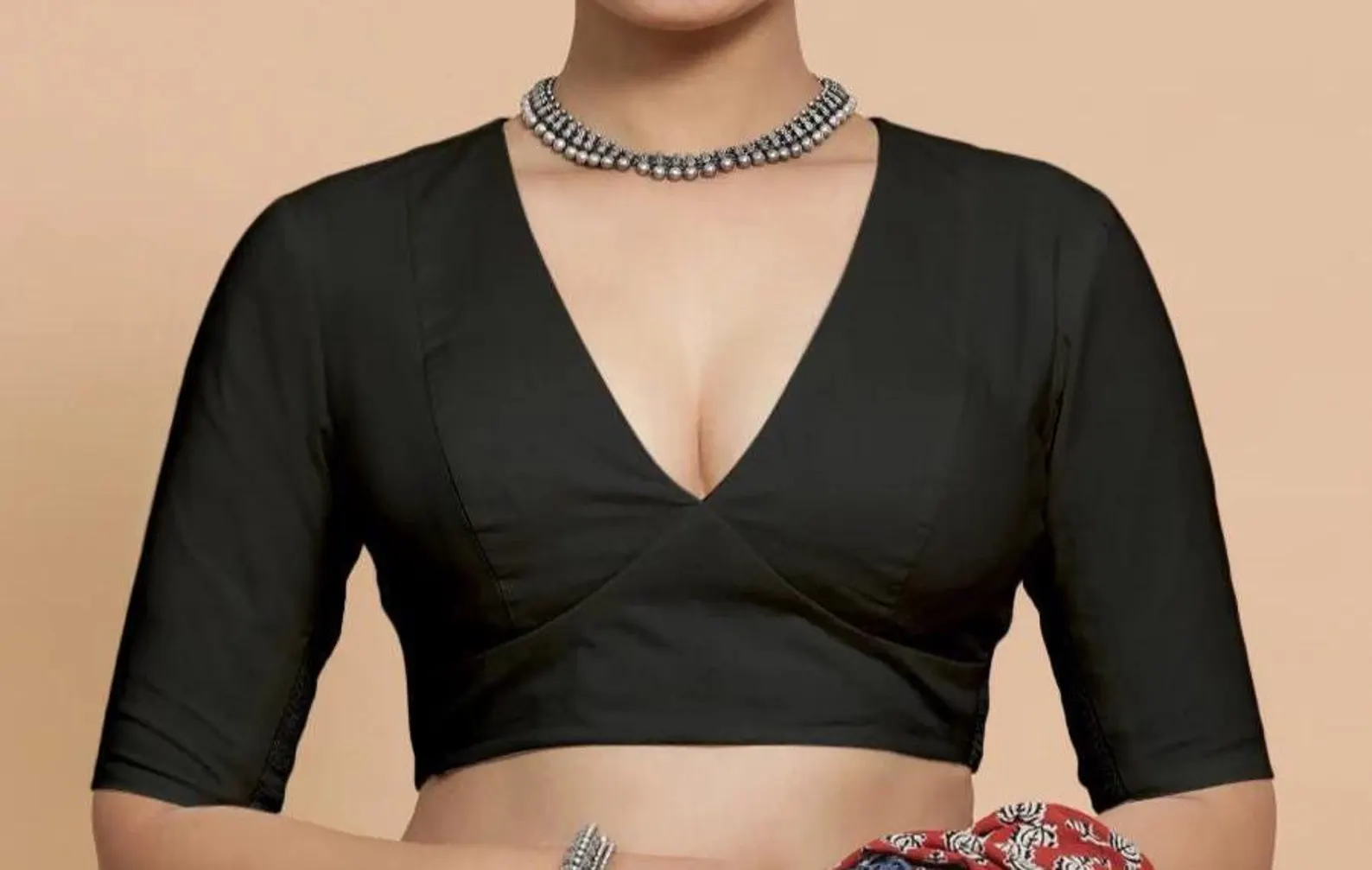 Made To Order Indian Designer Black colour Saree Lehenga Blouse Deep -V Neck Half sleeves blouse for women !! blouse , women blouse - Image 5