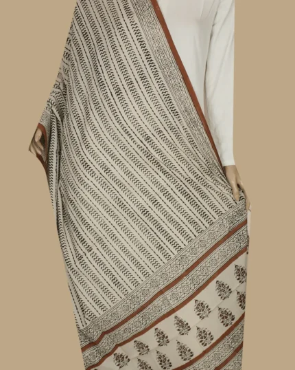 Striped Pattern on Cream Block Printed Mul Cotton Dupatta