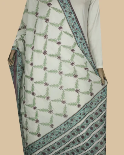 Floral Pattern on Cream Block Printed Mul Cotton Dupatta