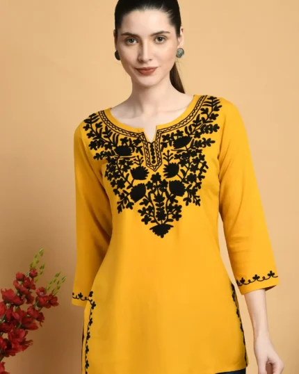 Mustard Colored Kashmiri Short Kurti