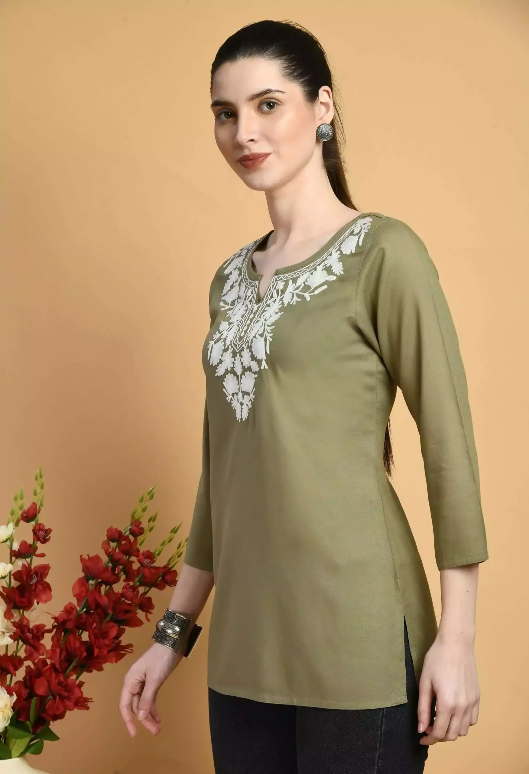 Olive Colored Kashmiri Short Kurti - Image 6
