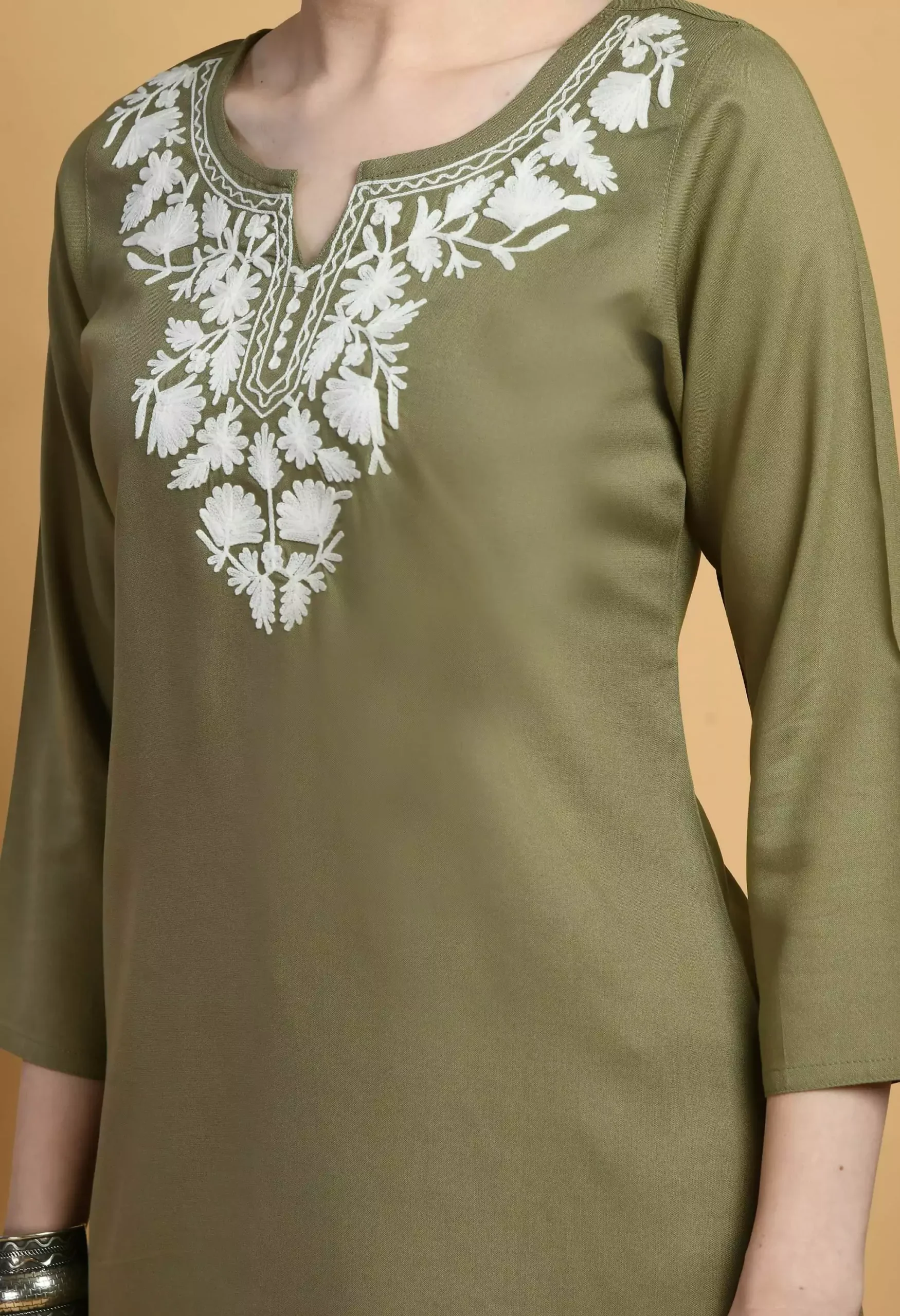 Olive Colored Kashmiri Short Kurti - Image 2