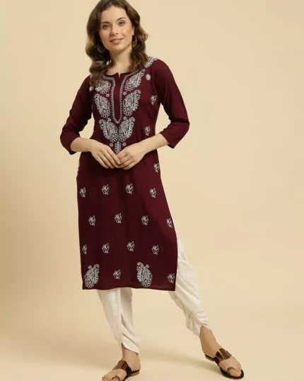 Wine Chikankari Kurti